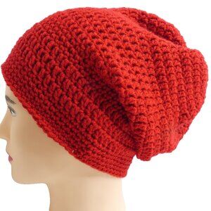 Valentine Red Slouch Roll Up Beanie OS Handmade Crochet Hand Knit Warm Hat NWT